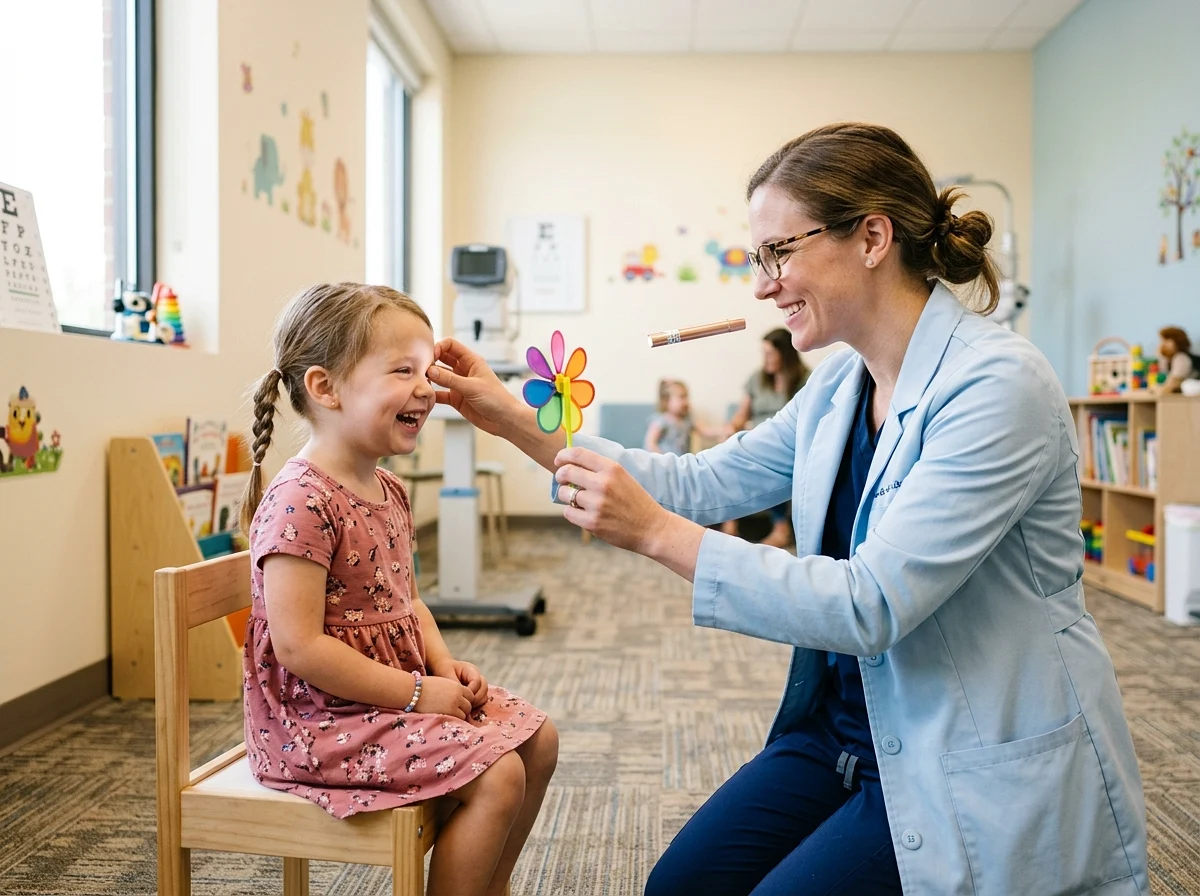 Paediatric ophthalmologist playfully checking the eyes of a four-year-old girl with a colourful fixation toy