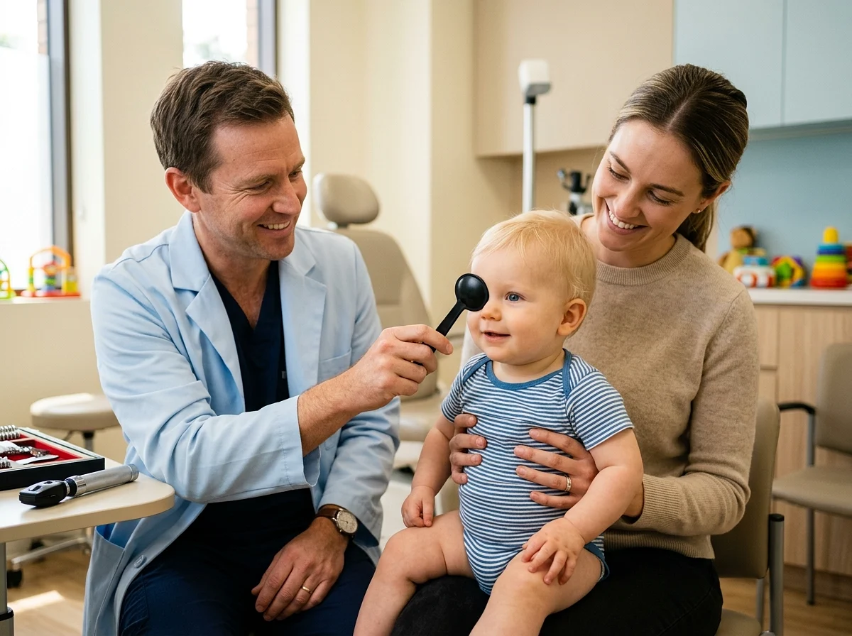 Eye doctor using an occluder to check a baby's eye alignment while the baby sits on its mother's lap