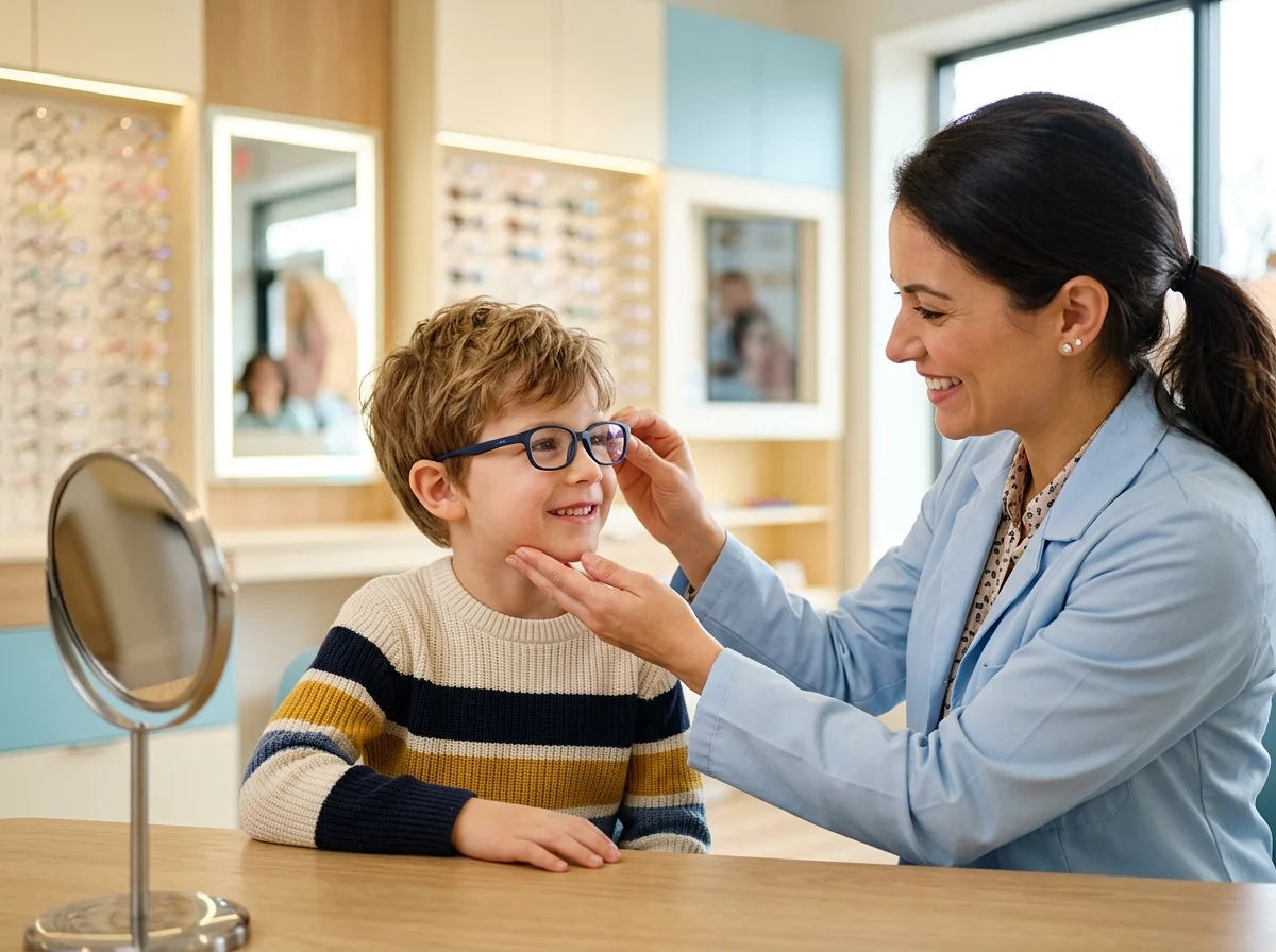 Junge probiert seine erste Kinderbrille an, während die Augenärztin den Sitz der Fassung anpasst
