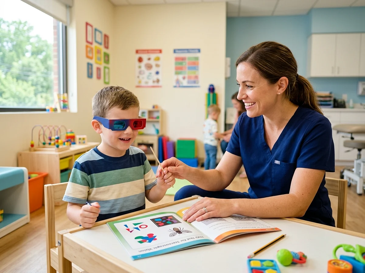 Orthoptist guiding a boy through a stereo vision test with 3D glasses at the orthoptic clinic