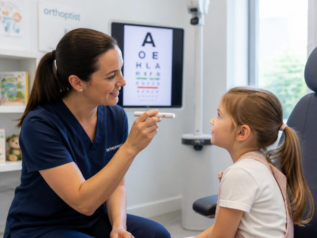 Orthoptistin untersucht die Augenstellung eines Kindes in der Sehschule