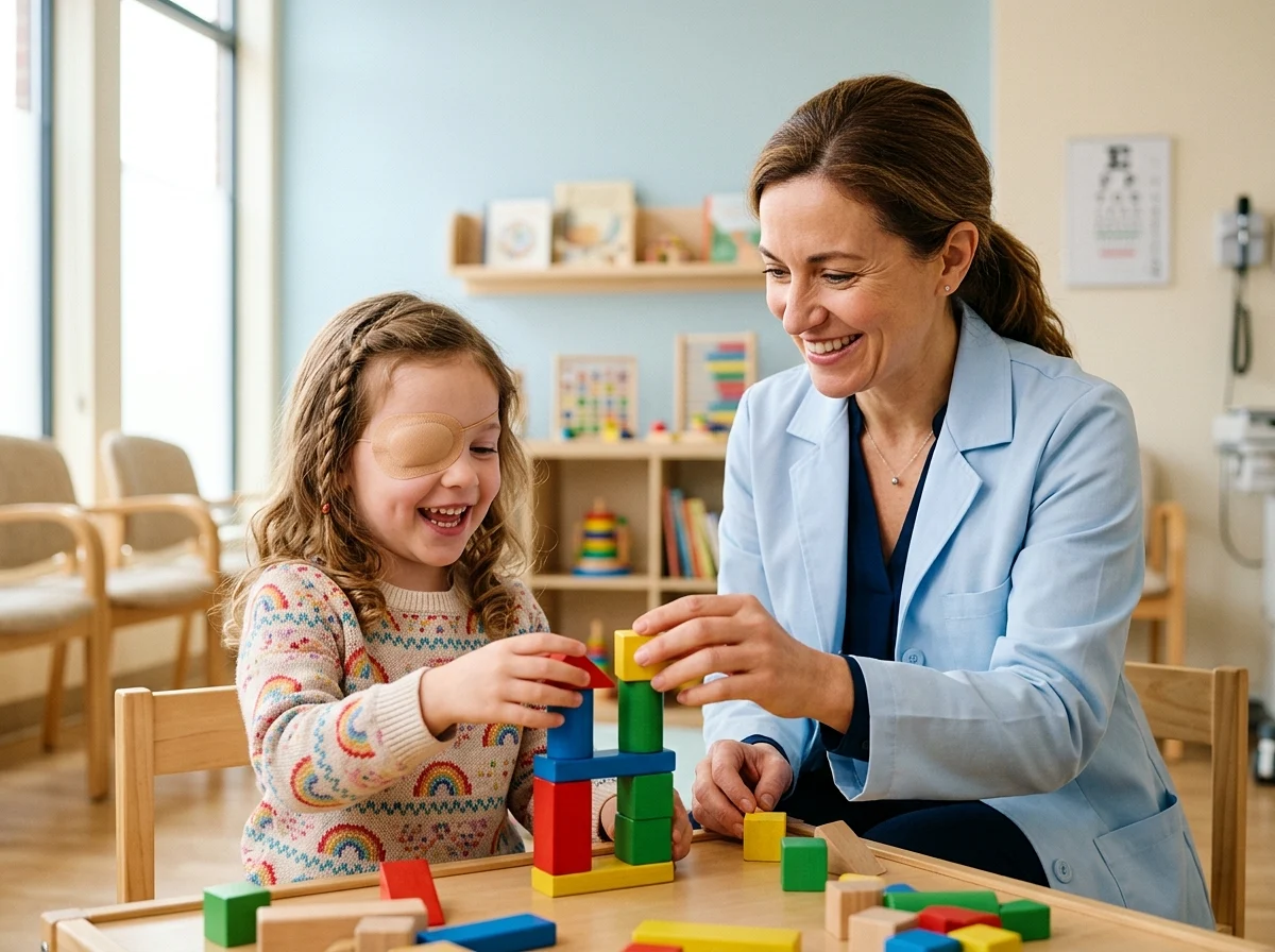 Girl wearing an eye patch during amblyopia treatment, playing with building blocks next to the paediatric ophthalmologist