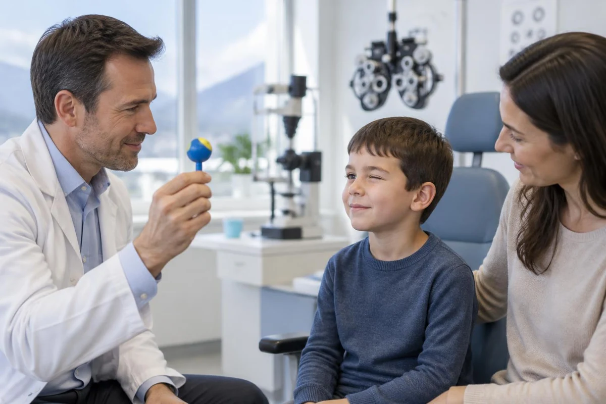 Augenarzt beobachtet einen blinzelnden Jungen mit einem bunten Fixierobjekt neben seiner Mutter