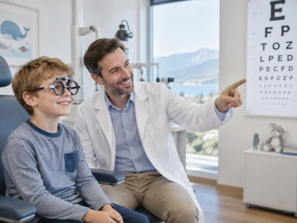 Kinderaugenarzt untersucht die Kurzsichtigkeit eines Schulkindes mit Probierbrille und Sehtafel