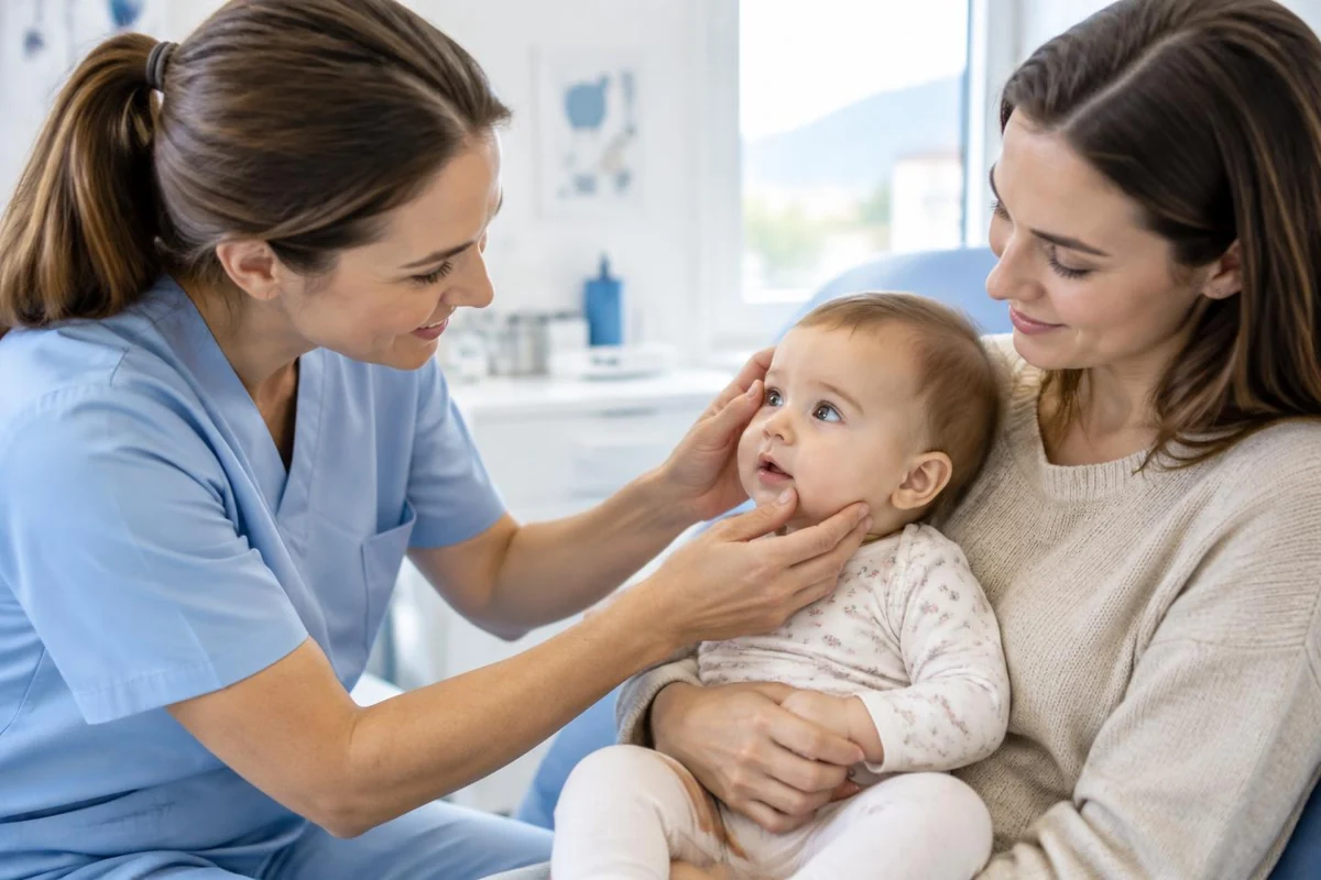 Kinderaugenärztin betrachtet die Augen eines Babys, das auf dem Schoss seiner Mutter sitzt