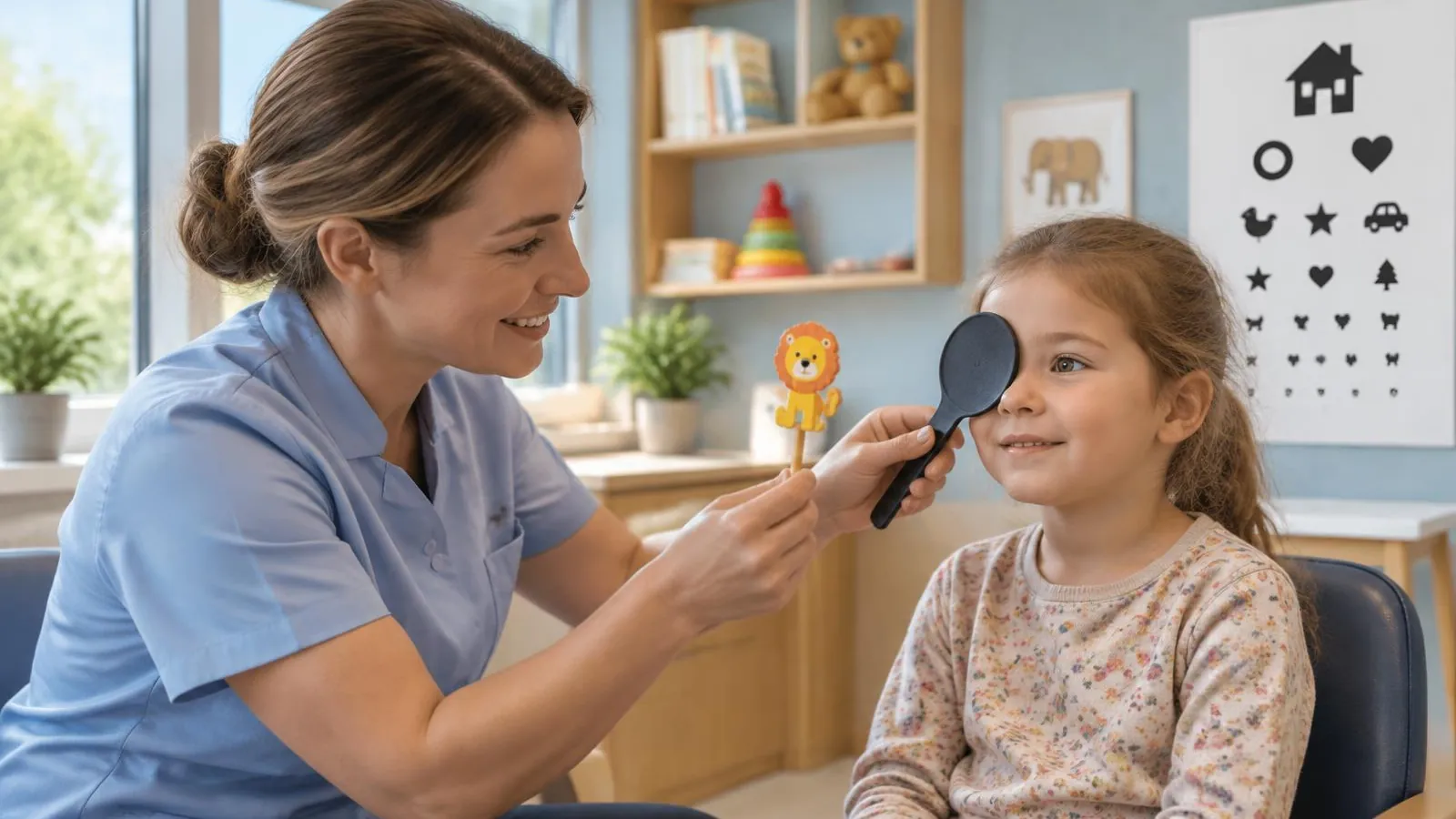 Strabismus in children: cover test in the orthoptic clinic Orthoptist performing a cover test on a young girl with an eye occluder and a toy fixation target to check for strabismus