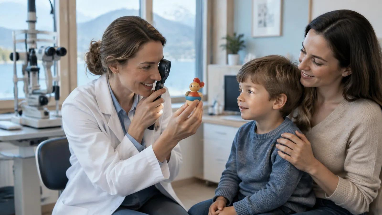 Paediatric ophthalmologist examining a young boy's eyes with an ophthalmoscope while he sits on his mother's lap in a bright eye clinic